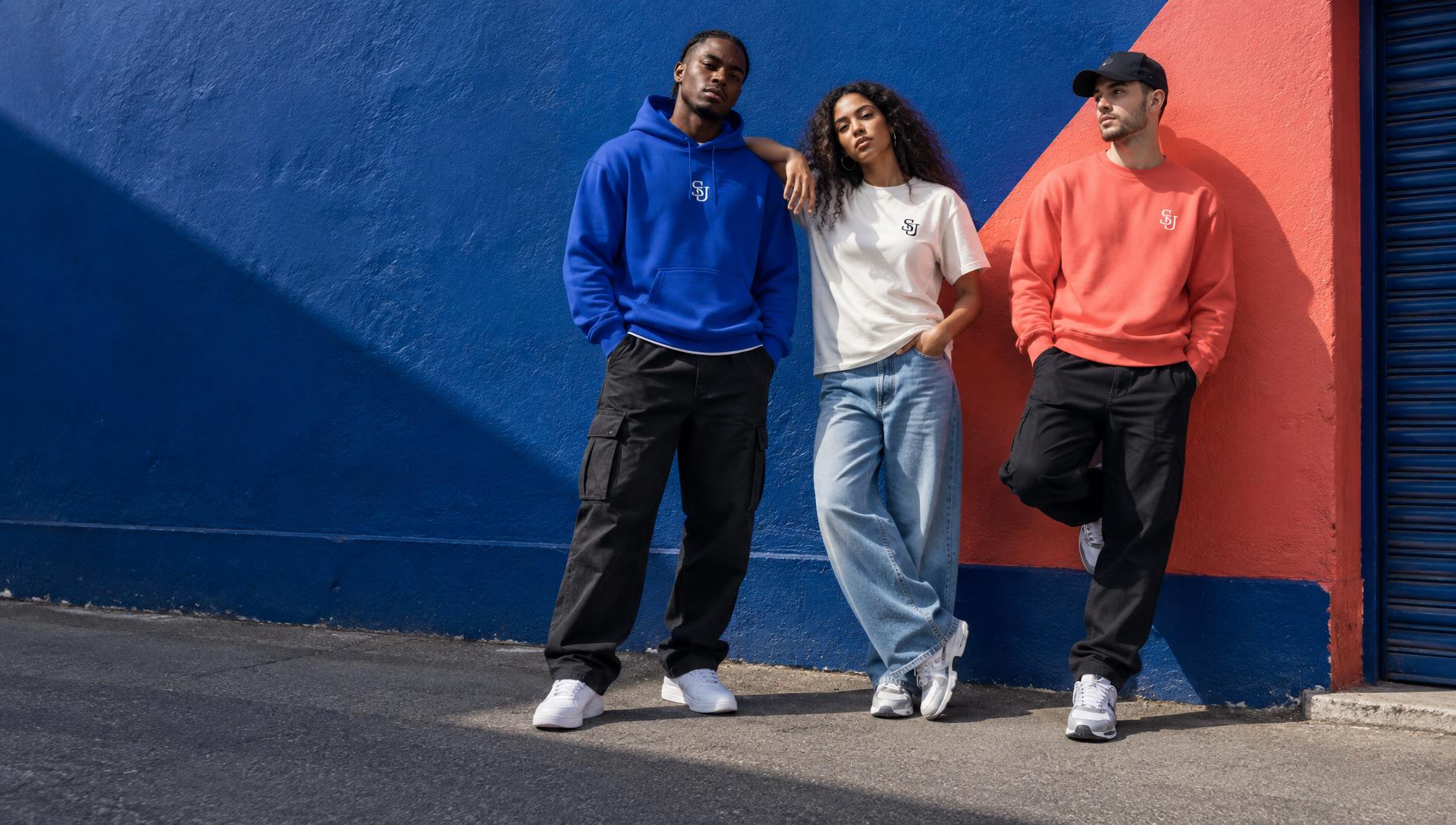 Models wearing original SJ branded hoodies, T-shirts and casualwear